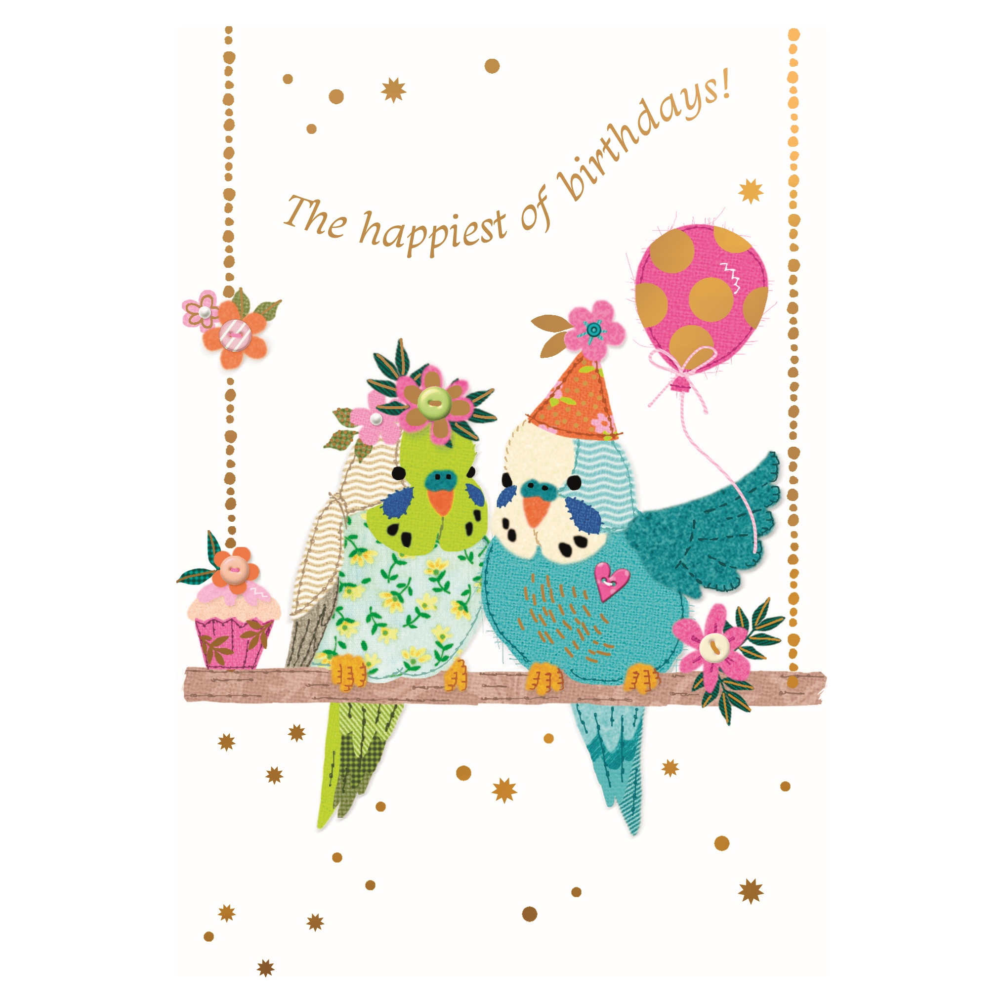 Colorful Budgies birthday card by Pictura featuring vibrant bird illustrations, perfect for everyday greeting occasions.